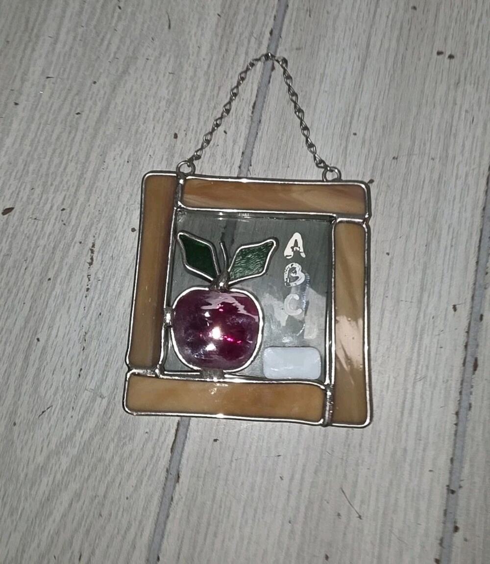 Vtg Stained Glass Suncather ABC Apple Teachers Gift School 4x4 Square Chalk